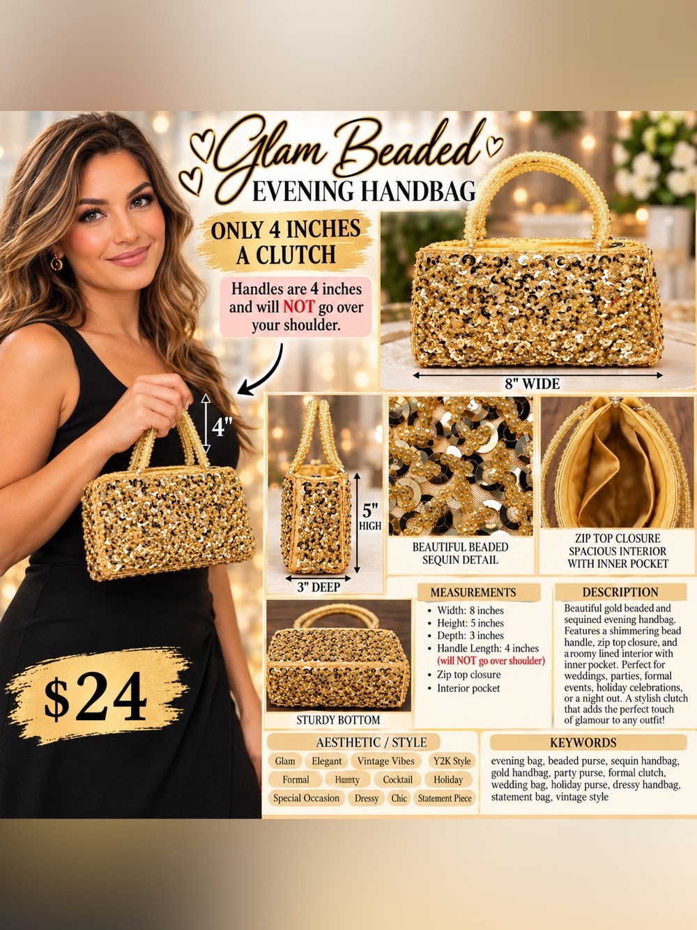 Gold Sequin Beaded Evening Clutch with Beaded Handles